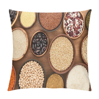 Personality  Top View Of Bowls With Whole Grains And Legumes On Wooden Surface Pillow Covers