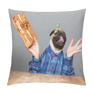 Personality  Excited Happy Pug Dog With Man Hands Holding Gift  Pillow Covers