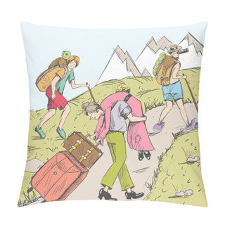 Personality  Comic Strip. Tired Travelers Climb A Mountain. Pillow Covers