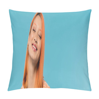 Personality  Happy Face, Radiant Smile, Young Asian Woman With Dyed Hair Standing With Closed Eyes In Orange Shirt And Smiling On Blue Background, Casual Attire, Happiness, Freedom, Cheerful Attitude, Banner  Pillow Covers