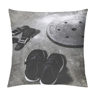 Personality  Sneakers With Wrist Wraps And Weight Plate Covered With Talc On Concrete Surface Pillow Covers