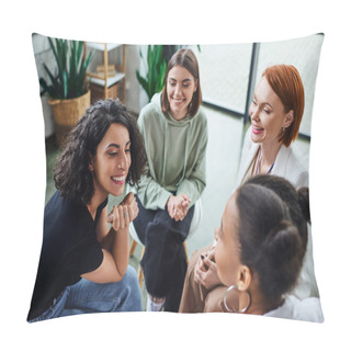 Personality  High Angle View Of Cheerful Multiracial Woman Talking To African American Girlfriend Near Smiling Psychologist During Group Therapy In Consulting Room, Communication And Mental Wellness Concept Pillow Covers