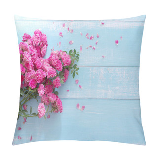 Personality  Pink Roses On The Boards. Composition Of Spring Blooming Flowers Pillow Covers