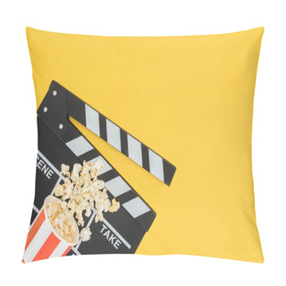 Personality  Cinema Clapperboard And Overturned Bucket With Popcorn Isolated On Yellow Pillow Covers