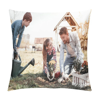 Personality  Father With His Children Laughing During Gardening Pillow Covers
