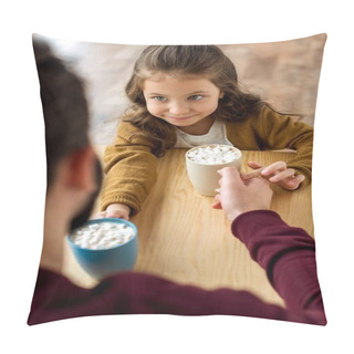 Personality  Overhead View Of Happy Daughter And Father Changing Their Cups Of Cacao With Marshmallow   Pillow Covers