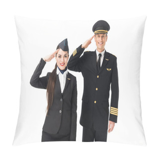 Personality  Young Stewardess And Pilot Saluting Isolated On White Pillow Covers
