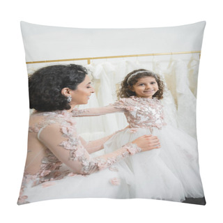 Personality  Happy Middle Eastern Woman With Brunette Wavy Hair In Floral Wedding Dress Adjusting Tulle Skirt Of Daughter In Cute Attire In Bridal Salon, Shopping, Special Moment, Togetherness  Pillow Covers