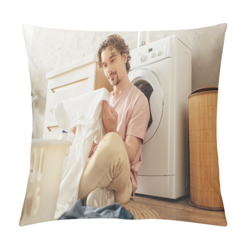 Personality  A Man In Cozy Homewear Sits Beside A Washing Machine In A Cleaning Spree. Pillow Covers