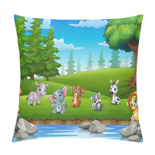 Personality  Vector Illustration Of The Little Animals Are Enjoying Nature By The River Pillow Covers