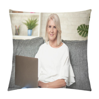 Personality  Senior Woman At Home Websurfing On Laptop Computer Pillow Covers