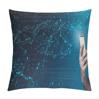 Personality  Modern Technologies And Global Connections. Man Holding Smartphone And Polygonal Network Collage, Copy Space Pillow Covers