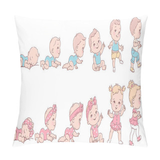 Personality  Baby Girl And Boy In Row. Set Of Child Health And Development Icons In Line. Pillow Covers