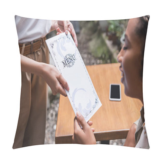 Personality  Blurred African American Woman Taking Menu From Waitress On Terrace Of Cafe  Pillow Covers