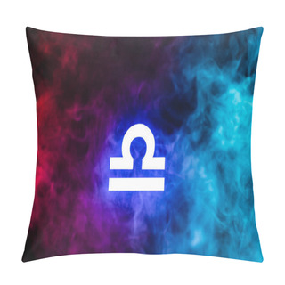 Personality  Blue Illuminated Libra Zodiac Sign With Colorful Smoke On Background Pillow Covers