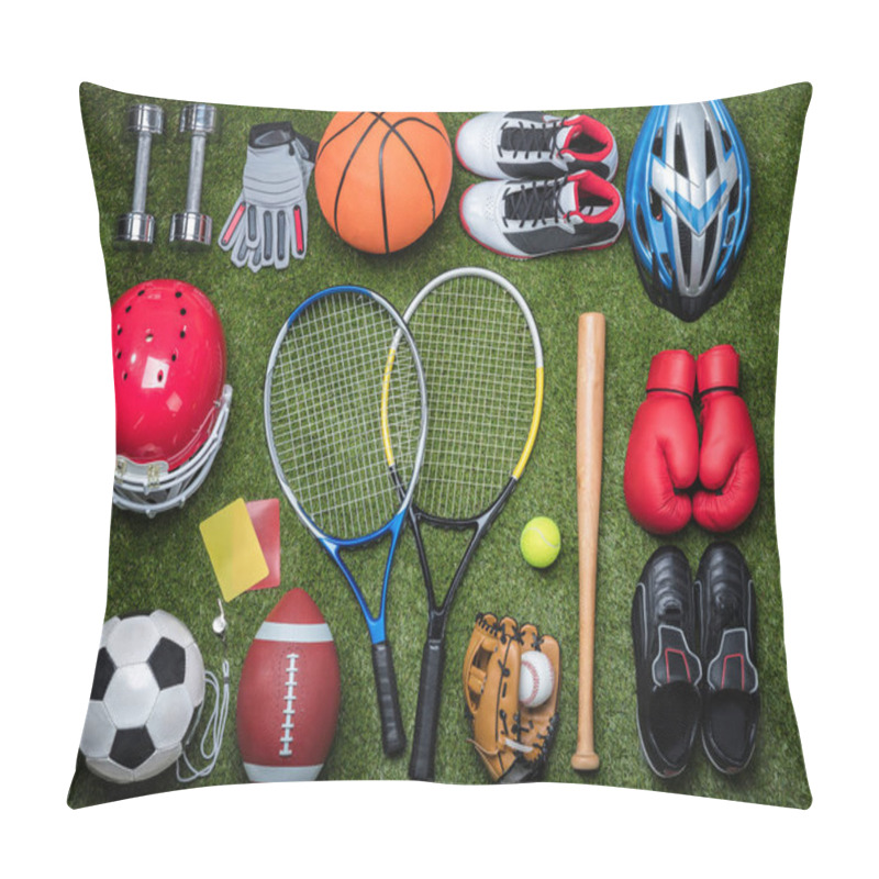 Personality  High Angle View Of Various Sport Equipments On Green Grass Pillow Covers