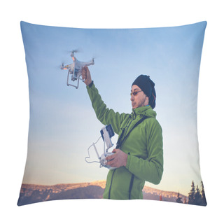 Personality  Man Holding Drone And Remote Control Pillow Covers