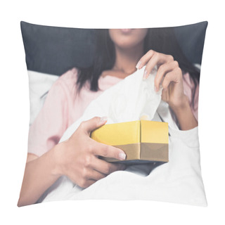 Personality  Cropped Shot Of Sick Young Woman Taking Paper Napkin Out Of Box While Sitting In Bed Pillow Covers