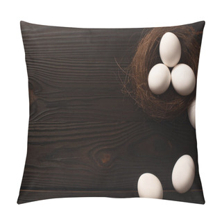 Personality  Top View Of White Chicken Eggs In Nest And On Brown Wooden Background Pillow Covers