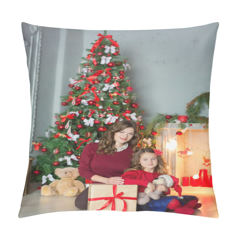 Personality  Family on Christmas eve at fireplace. Kids opening Xmas presents. Children under Christmas tree with gift boxes. Decorated living room with traditional fire place. Cozy warm winter evening at home. pillow covers