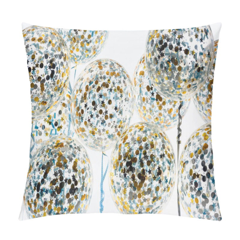 Personality  big balloons with golden and blue confetti and stars, isolated on white pillow covers