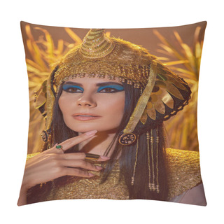 Personality  Elegant Woman In Egyptian Look And Headdress Posing Near Blurred Plants On Brown Background Pillow Covers