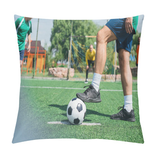 Personality  Partial View Of Multicultural Elderly Friends Playing Football Together Pillow Covers