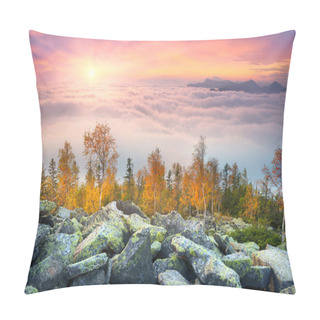 Personality  On The Top Of A Mountain In The Carpathians, Ukraine, Birch And Coniferous Forest Against The Background Of The Sunrise. In The Valley, The Sea Of Fog After The Rains In The River Valley Pillow Covers