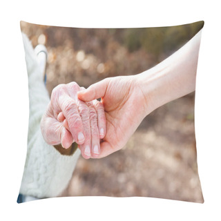 Personality  Senior Lady Holding Hands With Young Caretaker Pillow Covers