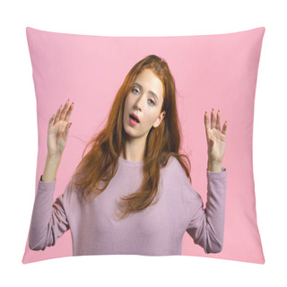 Personality  Cute Girl Showing Bla-bla-bla Gesture With Hands And Rolling Eyes Isolated On Pink Background. Empty Promises, Blah Concept. Lier. Pillow Covers