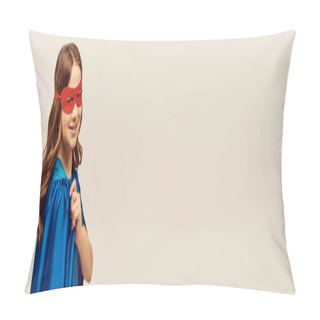 Personality  Happy Pretten Girl In Superhero Costume With Blue Cloak And Red Mask On Face Looking At Camera And Smiling While Celebrating International Children's Day On Grey Background, Banner  Pillow Covers