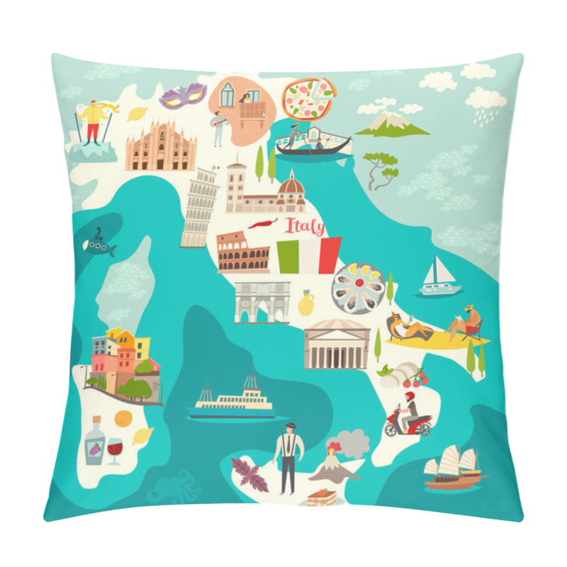 Personality  Italy map vector. Illustrated colored map of Italy. Cartoon abstract atlas of Italy with landmark: Coliseum, The Rome Cathedral, Milan Cathedral and Pisa Tower. Gondola on Canal Grande, venetian mask pillow covers