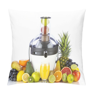 Personality  Fresh Fruits And Glass With Juice Near White Juicer Pillow Covers