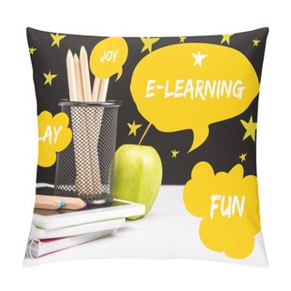 Personality  Fresh Apple, Notebooks And Color Pencils On Table With E-learning And Joy Words  In Yellow Speech Bubbles And Play And Fun Words In Clouds With Stars Around On Black  Pillow Covers