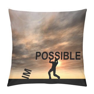 Personality  Concept Conceptual 3D Human Man Or Businessman, Black Silhouette Lifting An Impossible Or Possible Text At Sunset Pillow Covers