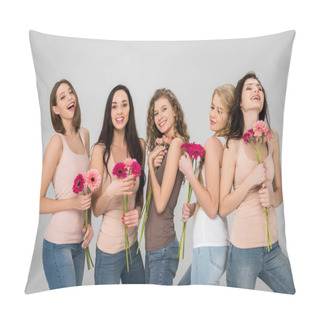 Personality  Cheerful Girls Holding Pink Flowers And Smiling Isolated On Grey Pillow Covers