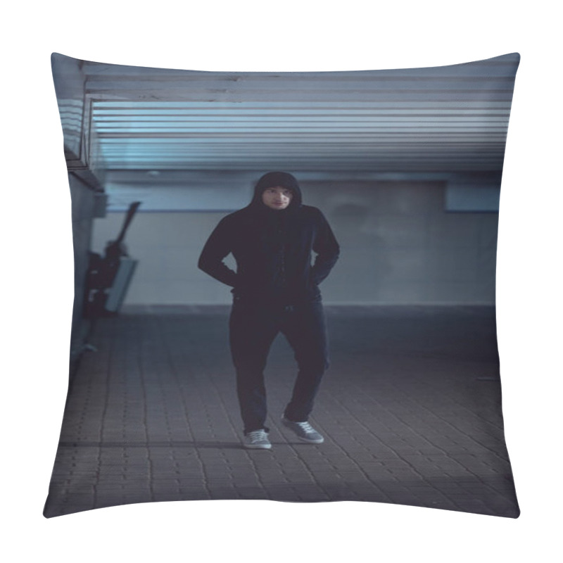 Personality  Thief In Black Hoodie Walking In Underpass Pillow Covers