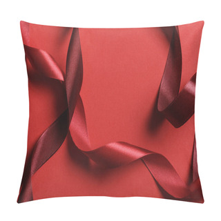 Personality  Close Up Of Curved Silk Burgundy And Red Ribbons On Red Background Pillow Covers
