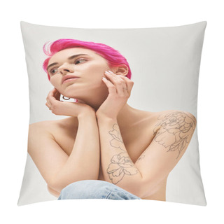 Personality  Sensual And Topless Woman With Pink Hair Sitting In Denim Jeans On Grey Background, Captivating Pillow Covers