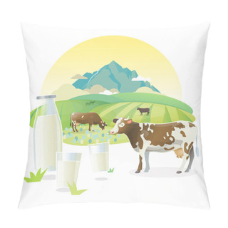 Personality  Vector Milk Lable Illustration With Cows Graze On Alpine Meadows, On Mountain Landscape Background. Pillow Covers