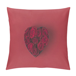 Personality  Top View Of Roses In Heart Shaped Gift Box Isolated On Red, St Valentines Day Holiday Concept Pillow Covers