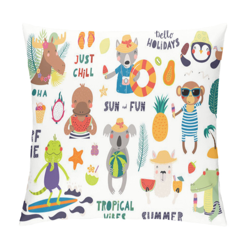 Personality  Big summer set with cute animals with quotes and fruits with drinks and pool floats isolated on white background. Scandinavian style flat design. Concept for summer textile print pillow covers