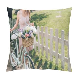 Personality  Partial View Of Woman In Stylish Dress With Retro Bicycle With Wicker Basket Full Of Flowers At Countryside Pillow Covers