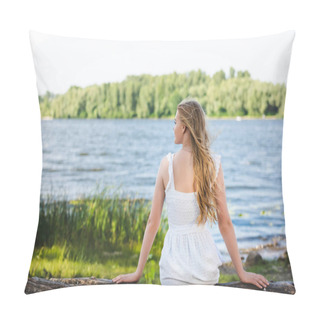Personality  Back View Of Girl Sitting On Trunk Of Tree Near River Shore And Looking Away Pillow Covers