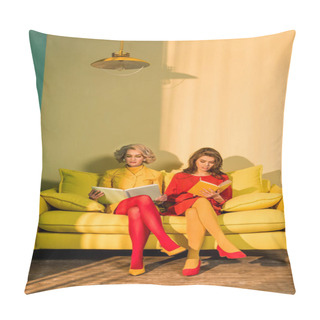 Personality  Women In Retro Clothing Reading Books Sitting On Yellow Sofa At Bright Apartment, Doll House Concept Pillow Covers