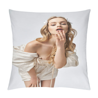 Personality  A Young, Blonde Woman Exudes Elegance While Posing In A White Dress In A Studio Setting. Pillow Covers