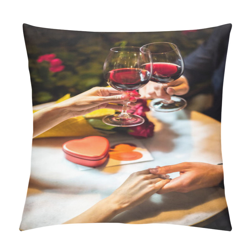 Personality  Cropped View Of Man Clinking Glasses Of Red Wine With Girlfriend While Making Marriage Proposal Pillow Covers