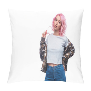 Personality  Stylish Hipster Woman With Pink Hairstyle Pillow Covers