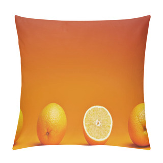 Personality  Close-up View Of Fresh Ripe Whole And Halved Oranges On Orange Background  Pillow Covers