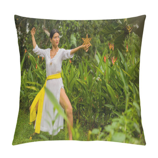 Personality  Mind And Body Connection - Beautiful And Happy Healer Asian Woman Holding Incense Cup Doing Ritual Traditional Healing Dance At Green Tropical Forest In Wellness And Healthy Lifestyle  Pillow Covers